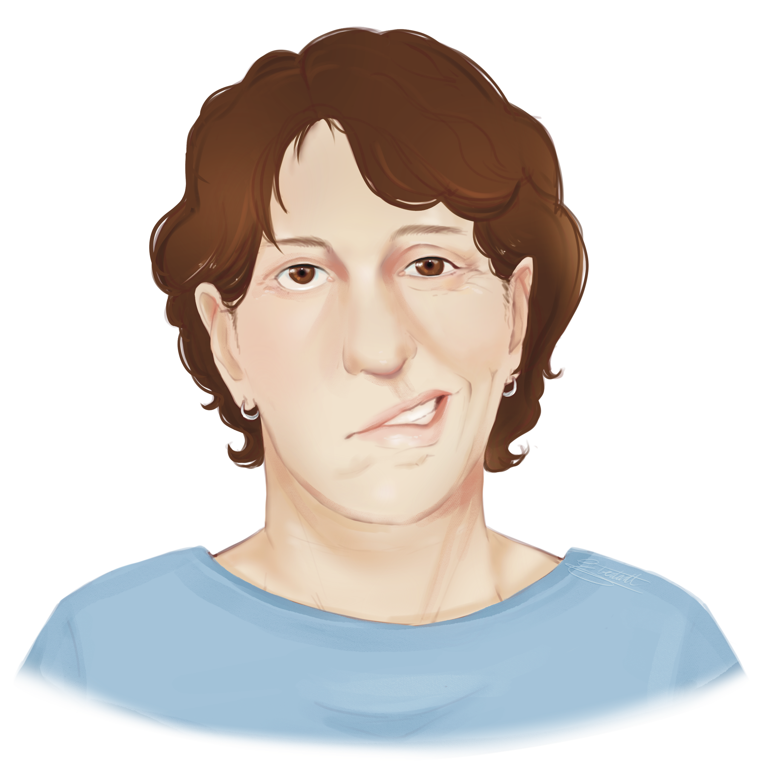 Image of a middle aged white woman with right-sided facial paralysis smiling. The paralyized side is not moving and her expression is pulled to the left.